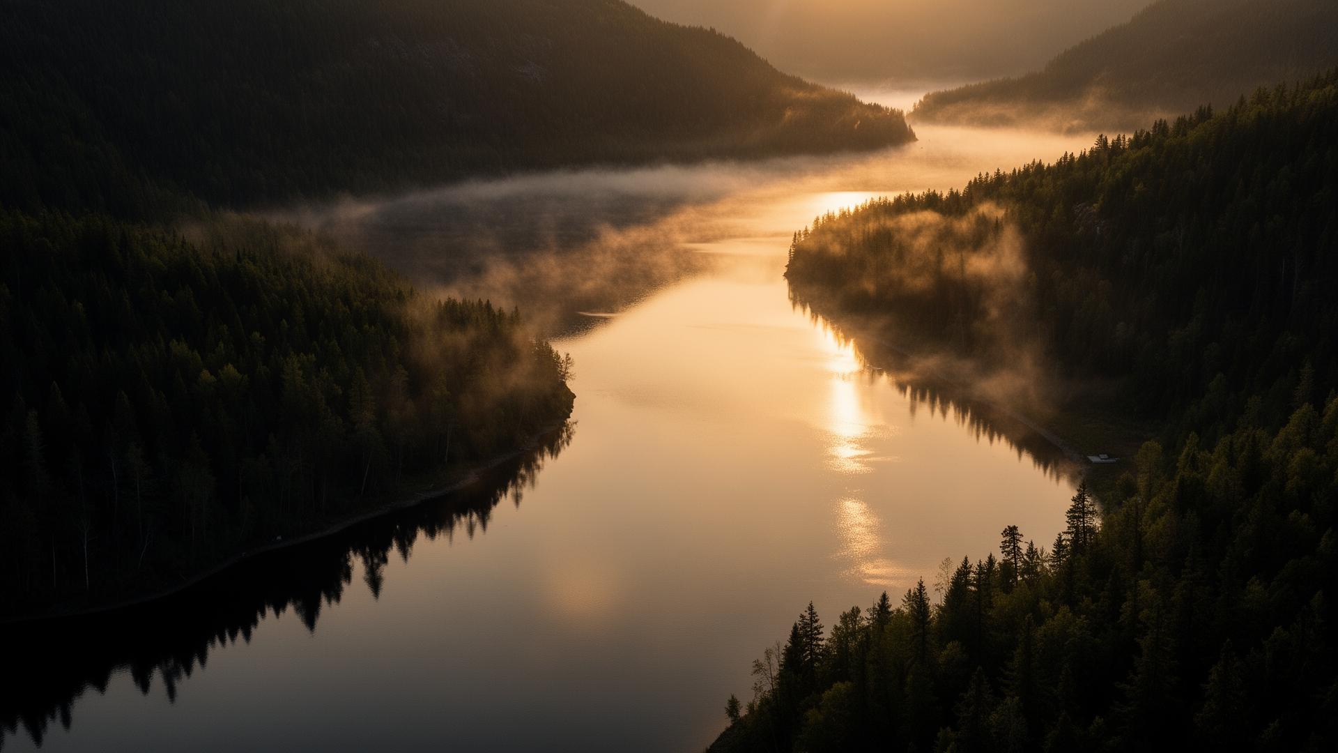 Misty Canadian lake at dawn