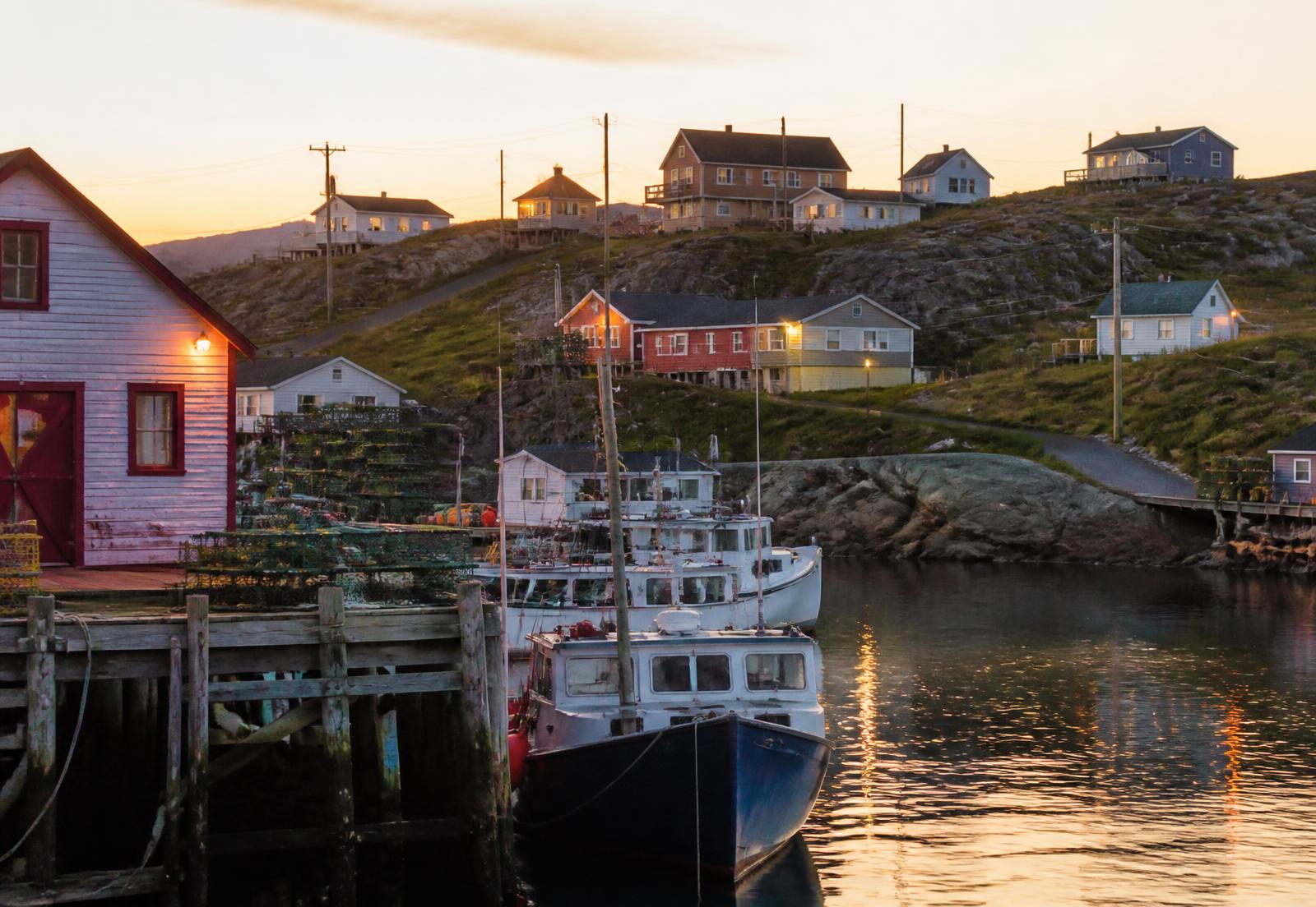 A rural Newfoundland harbour community at dusk